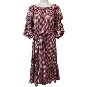 Zara Gingham Viscose Dress with Ruffled Sleeves Red and White Sz XS